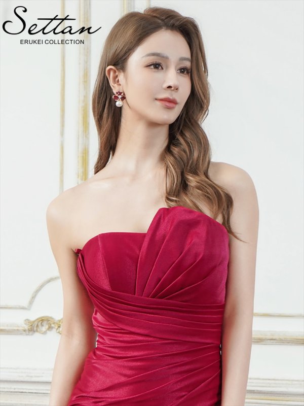 画像4: [送料無料][SETTAN]レッド・ベージュ・ブルー・シャイニーサテン・アシンメトリー・ベア・タック・スピンドル・スリット・ストレッチ・タイト・マーメイド・ロングドレス[即日発送][大きいサイズあり] (4)