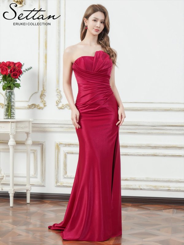 画像6: [送料無料][SETTAN]レッド・ベージュ・ブルー・シャイニーサテン・アシンメトリー・ベア・タック・スピンドル・スリット・ストレッチ・タイト・マーメイド・ロングドレス[即日発送][大きいサイズあり] (6)