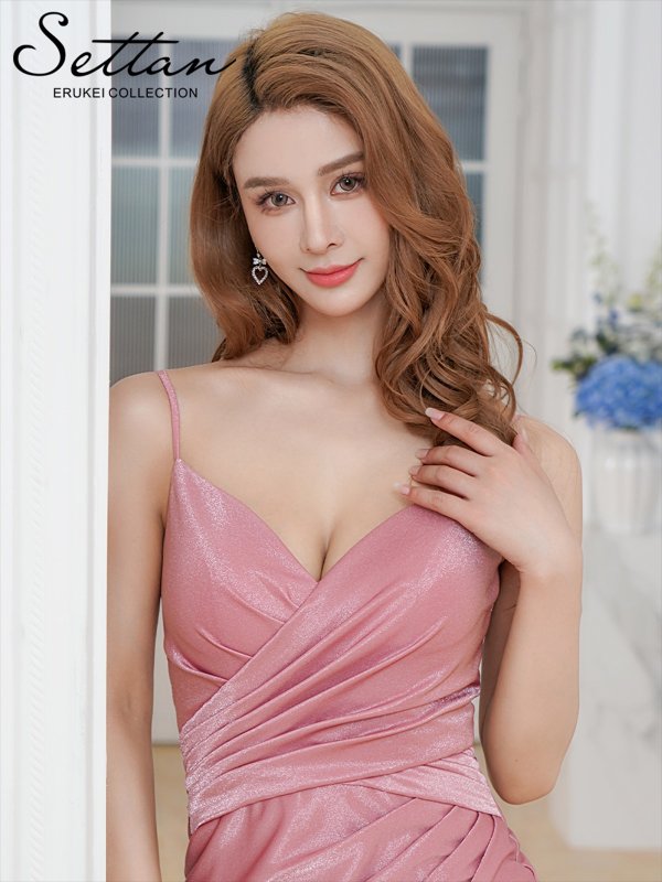 画像4: [送料無料][SETTAN]ピンク・ブルー・シャイニーサテン・キャミソール・カットアウト・ギャザー・スリット・タイト・マーメイド・ロングドレス[即日発送][大きいサイズあり] (4)