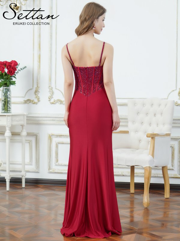 画像8: [送料無料][SETTAN]ロイヤルブルー・レッド・ サテン・ストレッチ・ラインストーン・シアー・キャミソール・ギャザー・スリット・タイト・マーメイド・ロングドレス[即日発送][大きいサイズあり] (8)