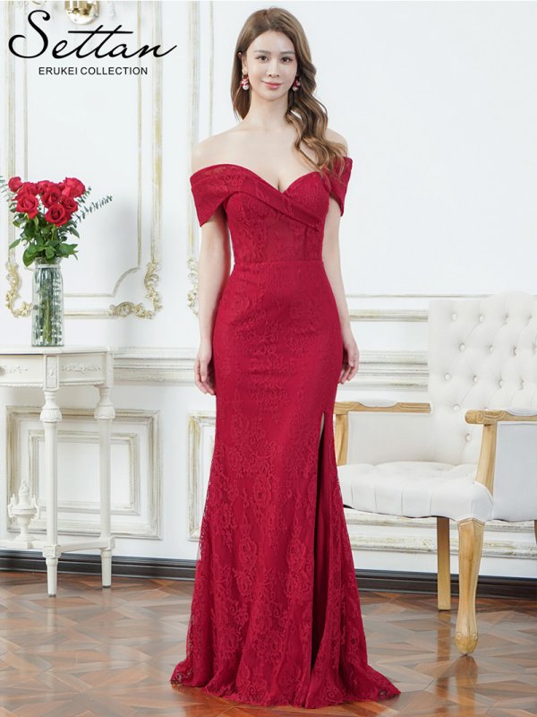 画像5: [送料無料][SETTAN]レッド・ホワイト・総レース・シアー・オフショルダー・コルセット風・スリット・タイト・マーメイド・ロングドレス[即日発送][大きいサイズあり] (5)