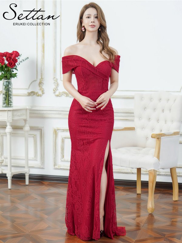 画像6: [送料無料][SETTAN]レッド・ホワイト・総レース・シアー・オフショルダー・コルセット風・スリット・タイト・マーメイド・ロングドレス[即日発送][大きいサイズあり] (6)