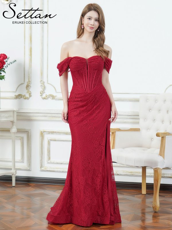 画像1: [送料無料][SETTAN]レッド・ホワイト・総レース・オフショルダー・コルセット風・スピンドル・シアー・ギャザー・スリット・タイト・マーメイド・ロングドレス[即日発送][大きいサイズあり] (1)