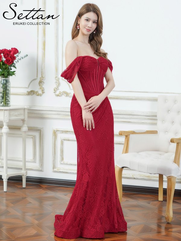 画像2: [送料無料][SETTAN]レッド・ホワイト・総レース・オフショルダー・コルセット風・スピンドル・シアー・ギャザー・スリット・タイト・マーメイド・ロングドレス[即日発送][大きいサイズあり] (2)