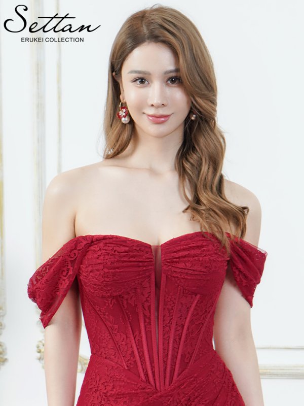 画像3: [送料無料][SETTAN]レッド・ホワイト・総レース・オフショルダー・コルセット風・スピンドル・シアー・ギャザー・スリット・タイト・マーメイド・ロングドレス[即日発送][大きいサイズあり] (3)