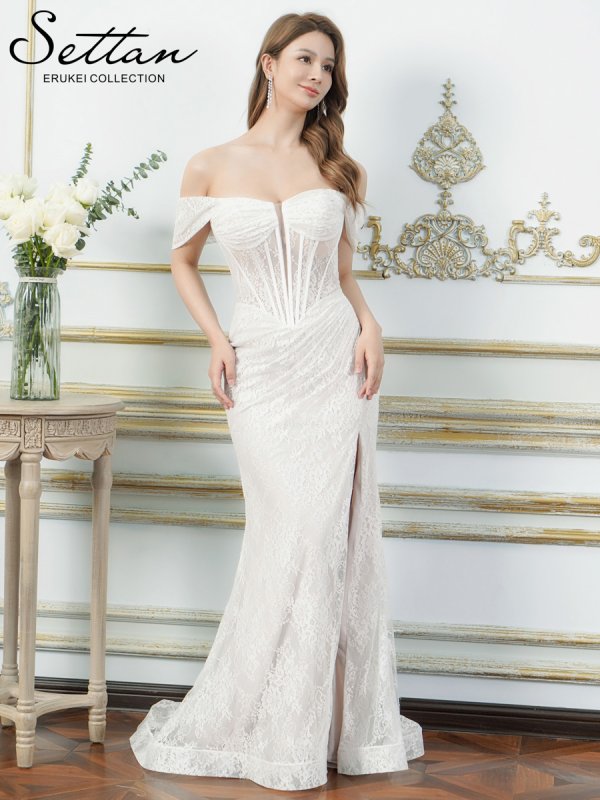 画像7: [送料無料][SETTAN]レッド・ホワイト・総レース・オフショルダー・コルセット風・スピンドル・シアー・ギャザー・スリット・タイト・マーメイド・ロングドレス[即日発送][大きいサイズあり] (7)