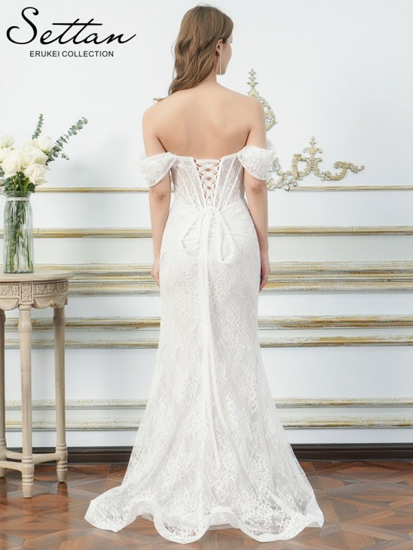 画像8: [送料無料][SETTAN]レッド・ホワイト・総レース・オフショルダー・コルセット風・スピンドル・シアー・ギャザー・スリット・タイト・マーメイド・ロングドレス[即日発送][大きいサイズあり] (8)