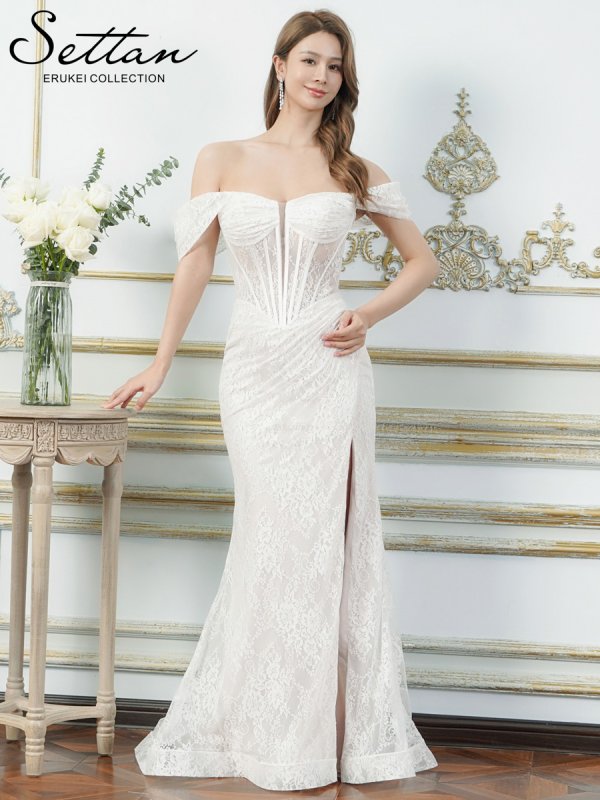 画像10: [送料無料][SETTAN]レッド・ホワイト・総レース・オフショルダー・コルセット風・スピンドル・シアー・ギャザー・スリット・タイト・マーメイド・ロングドレス[即日発送][大きいサイズあり] (10)