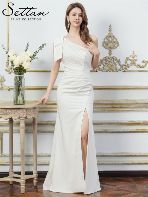 画像7: [送料無料][SETTAN]ワインレッド・ホワイト・ワンカラー・サテン・レース・スパンコール・ワンショルダー・肩リボン・ギャザー・スリット・タイト・マーメイド・ロングドレス[即日発送][大きいサイズあり] (7)