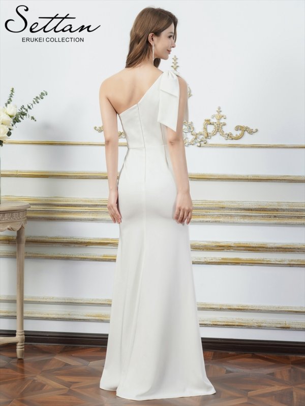 画像9: [送料無料][SETTAN]ワインレッド・ホワイト・ワンカラー・サテン・レース・スパンコール・ワンショルダー・肩リボン・ギャザー・スリット・タイト・マーメイド・ロングドレス[即日発送][大きいサイズあり] (9)