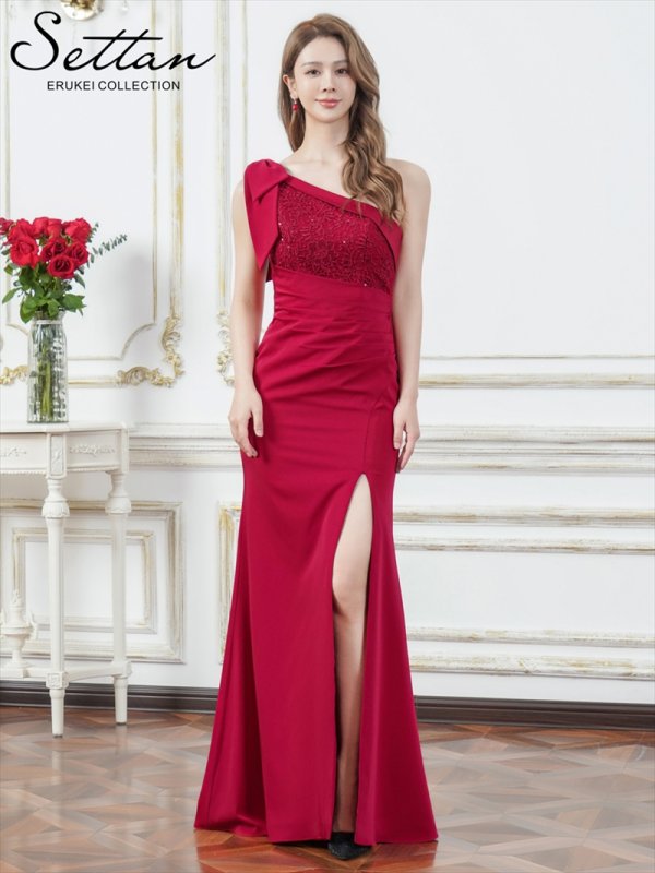画像5: [送料無料][SETTAN]ワインレッド・ホワイト・ワンカラー・サテン・レース・スパンコール・ワンショルダー・肩リボン・ギャザー・スリット・タイト・マーメイド・ロングドレス[即日発送][大きいサイズあり] (5)
