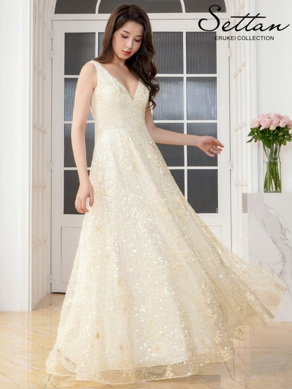 画像2: [送料無料][SETTAN]アイボリー・ワインレッド・総レース・総スパンコール・刺繡・Vネック・ノースリーブ・フレア・Aライン・ロングドレス[即日発送][大きいサイズあり] (2)