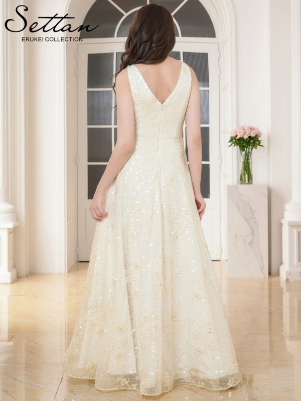 画像3: [送料無料][SETTAN]アイボリー・ワインレッド・総レース・総スパンコール・刺繡・Vネック・ノースリーブ・フレア・Aライン・ロングドレス[即日発送][大きいサイズあり] (3)