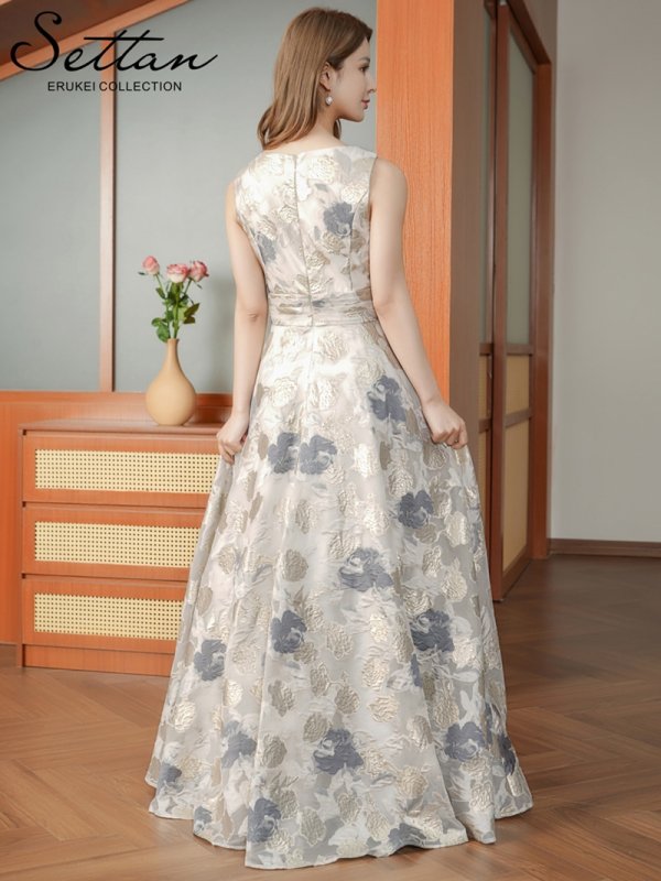 画像3: [送料無料][SETTAN]ゴールド×グレー・ノースリーブ・ラウンドネック・花柄・フラワー・フレア・Aライン・ロングドレス[即日発送][大きいサイズあり] (3)