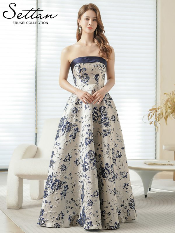 画像1: [送料無料][SETTAN]シルバー×ネイビー・ベア・ジャガード・金糸・花柄・Aライン・切替・フレア・ロングドレス[即日発送][大きいサイズあり] (1)