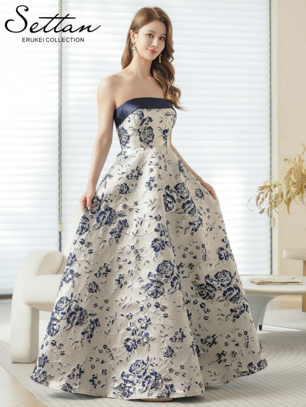 画像2: [送料無料][SETTAN]シルバー×ネイビー・ベア・ジャガード・金糸・花柄・Aライン・切替・フレア・ロングドレス[即日発送][大きいサイズあり] (2)