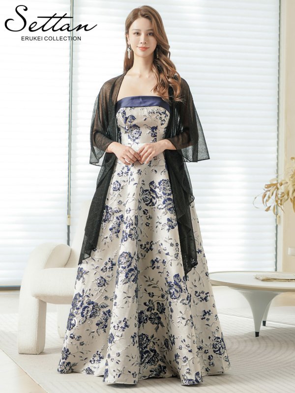 画像5: [送料無料][SETTAN]シルバー×ネイビー・ベア・ジャガード・金糸・花柄・Aライン・切替・フレア・ロングドレス[即日発送][大きいサイズあり] (5)