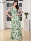 画像2: [送料無料][SETTAN]ホワイト×グリーン・リーフ柄・プリント・シフォン・Vネック・ノースリーブ・Aライン・ロングドレス[即日発送][大きいサイズあり] (2)