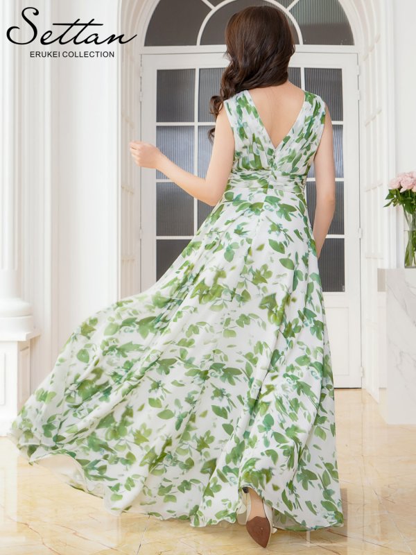 画像3: [送料無料][SETTAN]ホワイト×グリーン・リーフ柄・プリント・シフォン・Vネック・ノースリーブ・Aライン・ロングドレス[即日発送][大きいサイズあり] (3)