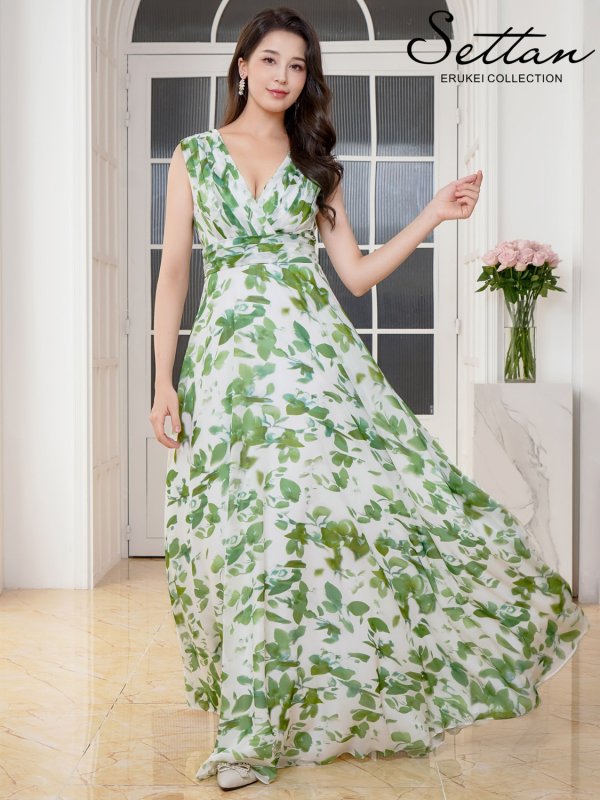 画像5: [送料無料][SETTAN]ホワイト×グリーン・リーフ柄・プリント・シフォン・Vネック・ノースリーブ・Aライン・ロングドレス[即日発送][大きいサイズあり] (5)