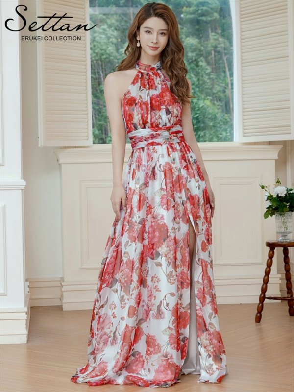 画像2: [送料無料][SETTAN]レッド×ホワイト・ピンク×ホワイト・アメリカンスリーブ・シフォン・花柄・プリント・スリット・セクシー・Aライン・ロングドレス[即日発送][大きいサイズあり] (2)