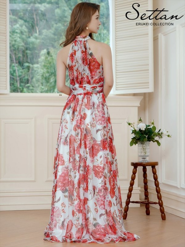 画像3: [送料無料][SETTAN]レッド×ホワイト・ピンク×ホワイト・アメリカンスリーブ・シフォン・花柄・プリント・スリット・セクシー・Aライン・ロングドレス[即日発送][大きいサイズあり] (3)