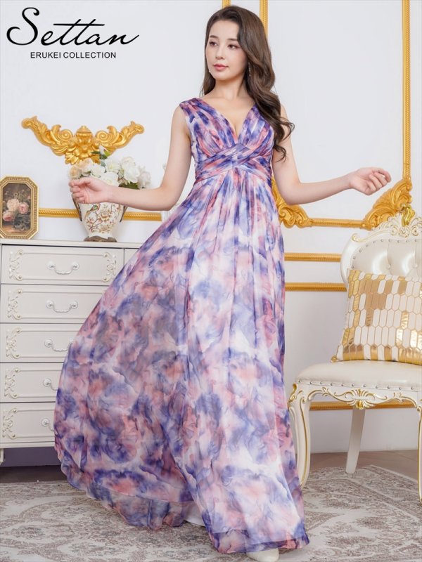 画像2: [送料無料][SETTAN]ブルー・オレンジ・シフォン・滲み・プリント・ギャザー・ノースリーブ・Vネック・Aライン・ロングドレス[即日発送][大きいサイズあり] (2)