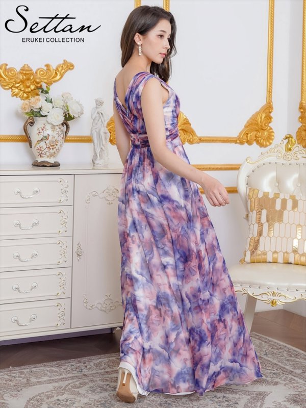 画像3: [送料無料][SETTAN]ブルー・オレンジ・シフォン・滲み・プリント・ギャザー・ノースリーブ・Vネック・Aライン・ロングドレス[即日発送][大きいサイズあり] (3)