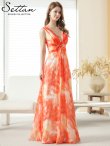 画像2: [送料無料][SETTAN]オレンジ・ブルー・シフォン・滲み・プリント・ギャザー・ノースリーブ・Vネック・Aライン・ロングドレス[即日発送][大きいサイズあり] (2)