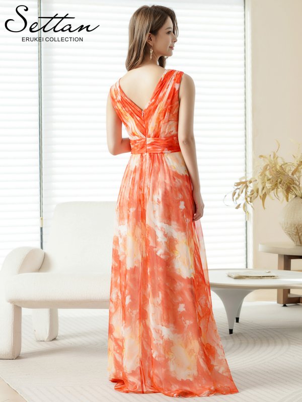 画像3: [送料無料][SETTAN]オレンジ・ブルー・シフォン・滲み・プリント・ギャザー・ノースリーブ・Vネック・Aライン・ロングドレス[即日発送][大きいサイズあり] (3)