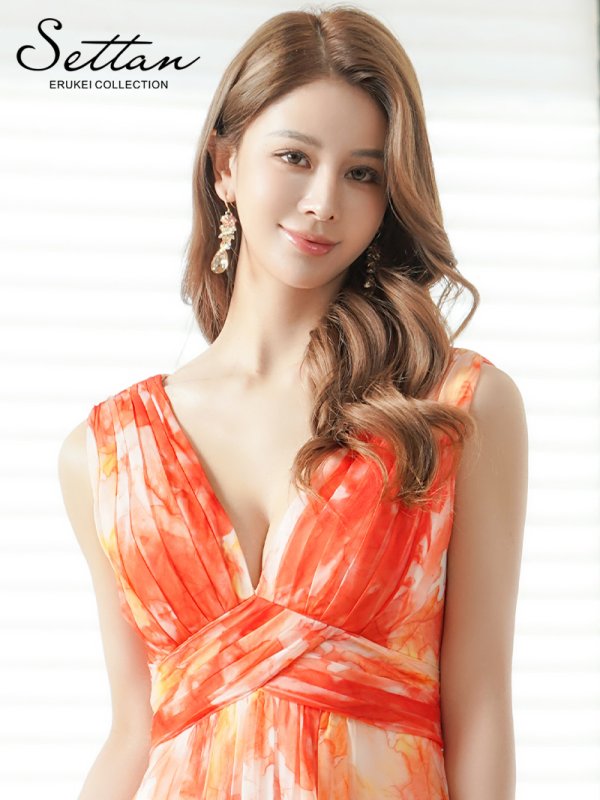 画像4: [送料無料][SETTAN]オレンジ・ブルー・シフォン・滲み・プリント・ギャザー・ノースリーブ・Vネック・Aライン・ロングドレス[即日発送][大きいサイズあり] (4)