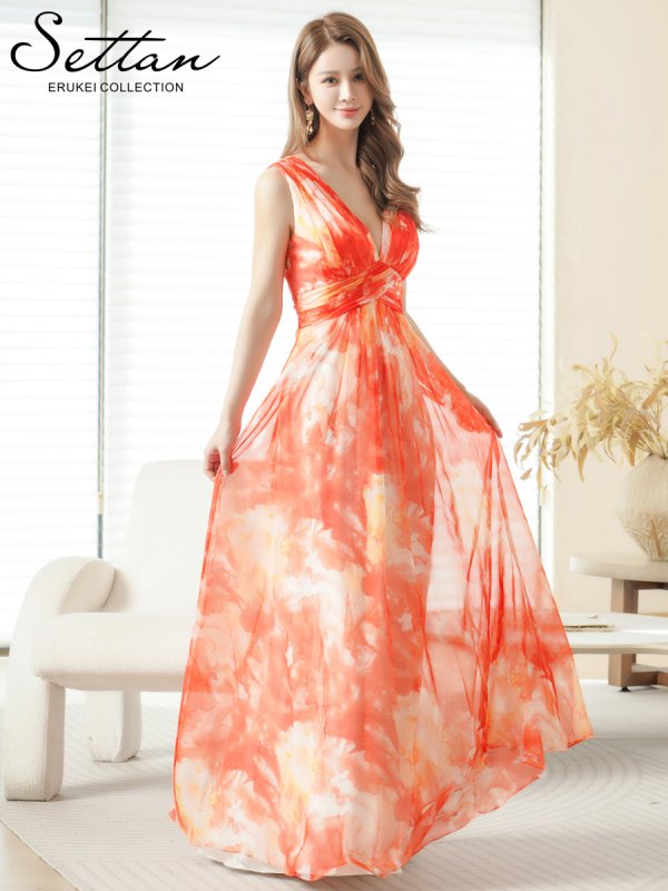 画像5: [送料無料][SETTAN]オレンジ・ブルー・シフォン・滲み・プリント・ギャザー・ノースリーブ・Vネック・Aライン・ロングドレス[即日発送][大きいサイズあり] (5)