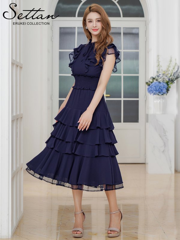画像2: [送料無料][SETTAN]ネイビー・ワインレッド・ホワイト・無地ドレス・シンプル ・ティアード・フリル・プチハイネック・ミディアムドレス・ワンピース[即日発送][大きいサイズあり] (2)