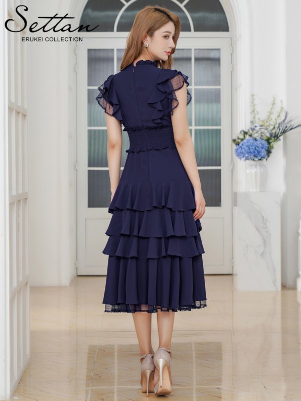 画像3: [送料無料][SETTAN]ネイビー・ワインレッド・ホワイト・無地ドレス・シンプル ・ティアード・フリル・プチハイネック・ミディアムドレス・ワンピース[即日発送][大きいサイズあり] (3)