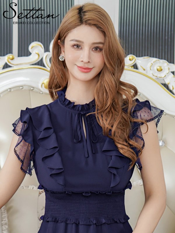 画像4: [送料無料][SETTAN]ネイビー・ワインレッド・ホワイト・無地ドレス・シンプル ・ティアード・フリル・プチハイネック・ミディアムドレス・ワンピース[即日発送][大きいサイズあり] (4)