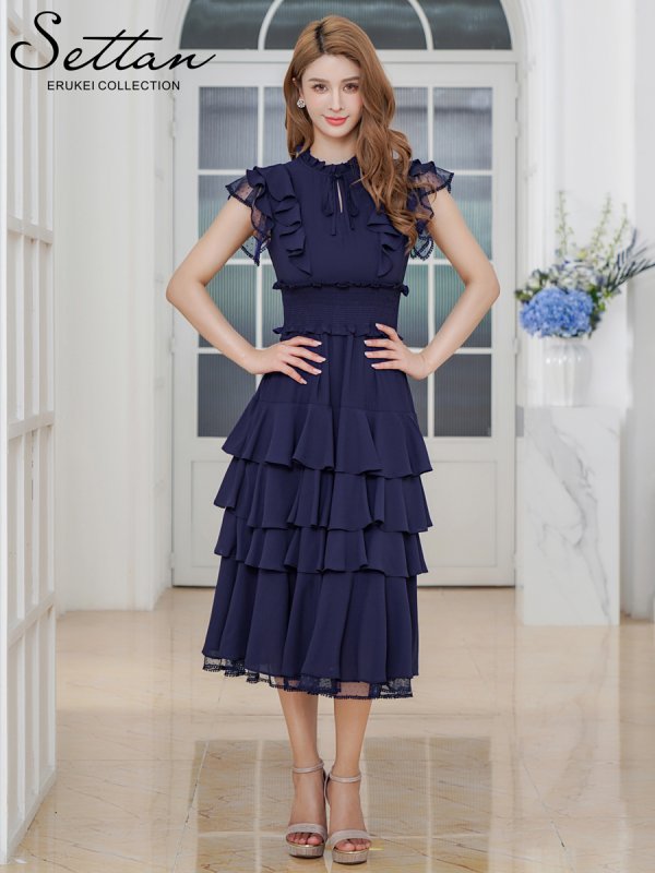画像5: [送料無料][SETTAN]ネイビー・ワインレッド・ホワイト・無地ドレス・シンプル ・ティアード・フリル・プチハイネック・ミディアムドレス・ワンピース[即日発送][大きいサイズあり] (5)