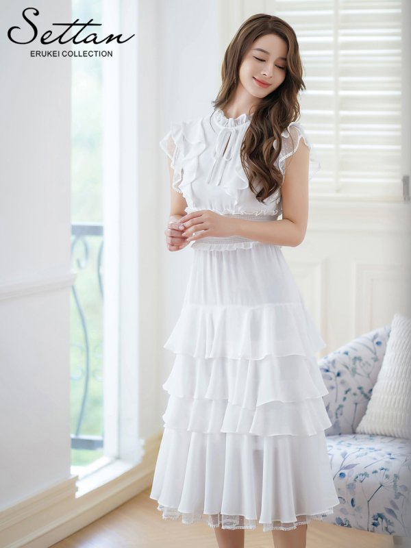 画像14: [送料無料][SETTAN]ネイビー・ワインレッド・ホワイト・無地ドレス・シンプル ・ティアード・フリル・プチハイネック・ミディアムドレス・ワンピース[即日発送][大きいサイズあり] (14)