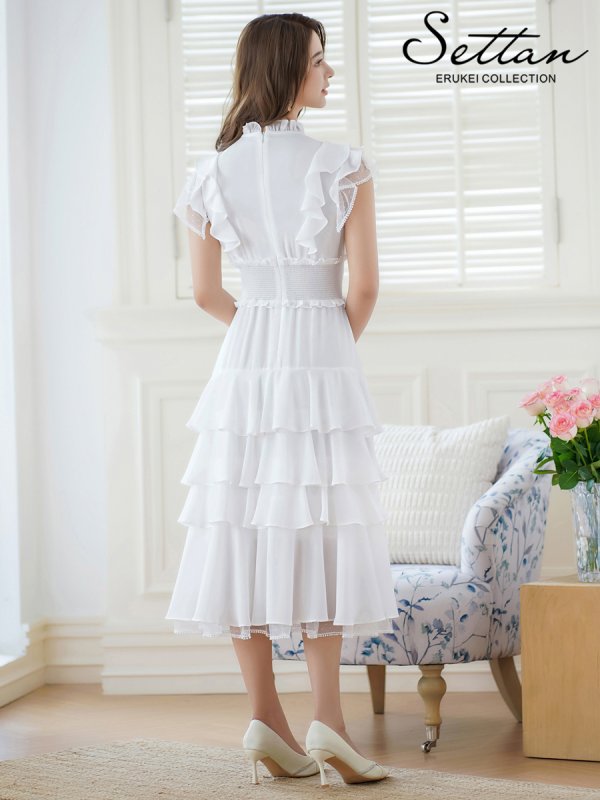 画像15: [送料無料][SETTAN]ネイビー・ワインレッド・ホワイト・無地ドレス・シンプル ・ティアード・フリル・プチハイネック・ミディアムドレス・ワンピース[即日発送][大きいサイズあり] (15)