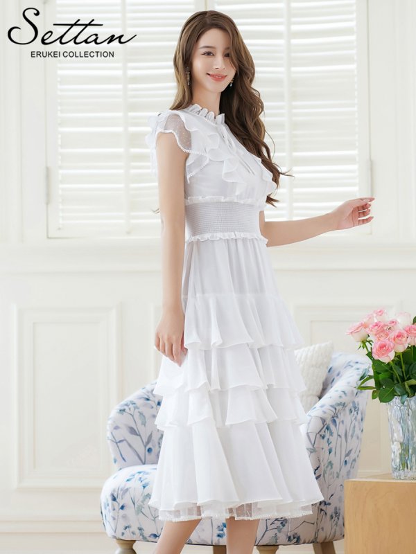 画像18: [送料無料][SETTAN]ネイビー・ワインレッド・ホワイト・無地ドレス・シンプル ・ティアード・フリル・プチハイネック・ミディアムドレス・ワンピース[即日発送][大きいサイズあり] (18)