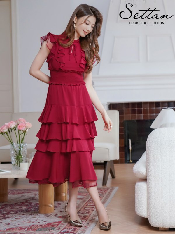 画像8: [送料無料][SETTAN]ネイビー・ワインレッド・ホワイト・無地ドレス・シンプル ・ティアード・フリル・プチハイネック・ミディアムドレス・ワンピース[即日発送][大きいサイズあり] (8)