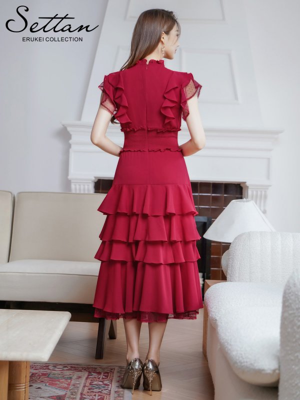 画像9: [送料無料][SETTAN]ネイビー・ワインレッド・ホワイト・無地ドレス・シンプル ・ティアード・フリル・プチハイネック・ミディアムドレス・ワンピース[即日発送][大きいサイズあり] (9)