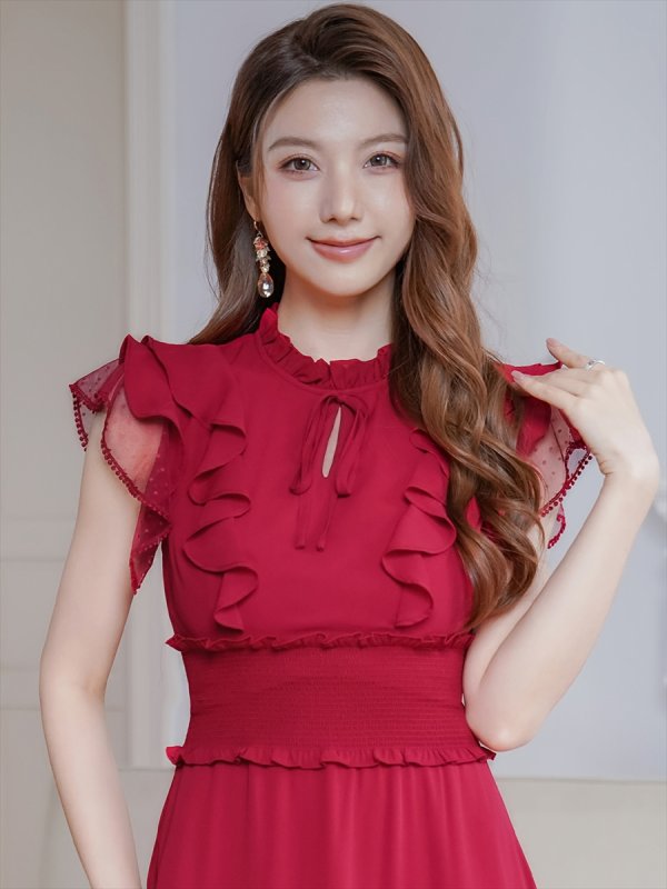 画像10: [送料無料][SETTAN]ネイビー・ワインレッド・ホワイト・無地ドレス・シンプル ・ティアード・フリル・プチハイネック・ミディアムドレス・ワンピース[即日発送][大きいサイズあり] (10)