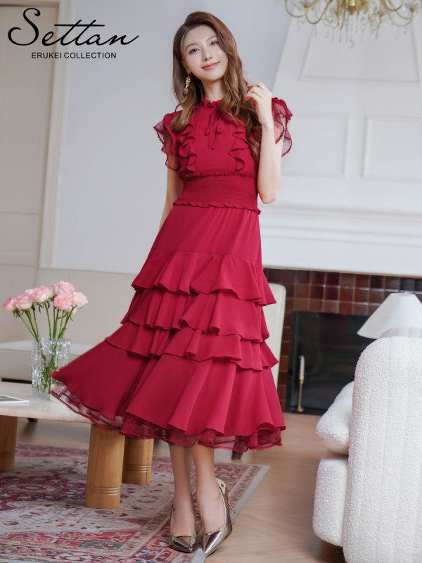 画像11: [送料無料][SETTAN]ネイビー・ワインレッド・ホワイト・無地ドレス・シンプル ・ティアード・フリル・プチハイネック・ミディアムドレス・ワンピース[即日発送][大きいサイズあり] (11)