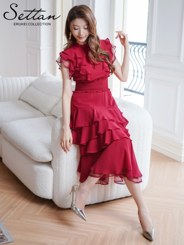 画像12: [送料無料][SETTAN]ネイビー・ワインレッド・ホワイト・無地ドレス・シンプル ・ティアード・フリル・プチハイネック・ミディアムドレス・ワンピース[即日発送][大きいサイズあり] (12)