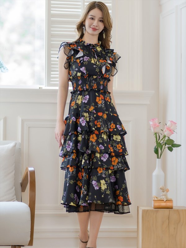 画像14: [送料無料][SETTAN]ブラック×レッド・ネイビー×イエロー・ブラック×オレンジ・ティアード・フリル・プチハイネック・ミディアムドレス・ワンピース[即日発送][大きいサイズあり] (14)