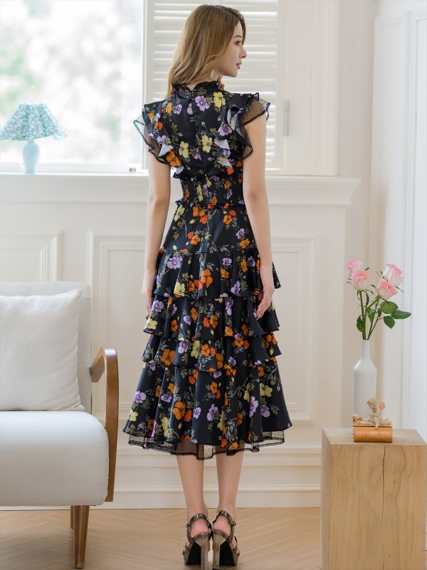 画像15: [送料無料][SETTAN]ブラック×レッド・ネイビー×イエロー・ブラック×オレンジ・ティアード・フリル・プチハイネック・ミディアムドレス・ワンピース[即日発送][大きいサイズあり] (15)