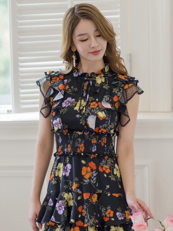 画像16: [送料無料][SETTAN]ブラック×レッド・ネイビー×イエロー・ブラック×オレンジ・ティアード・フリル・プチハイネック・ミディアムドレス・ワンピース[即日発送][大きいサイズあり] (16)