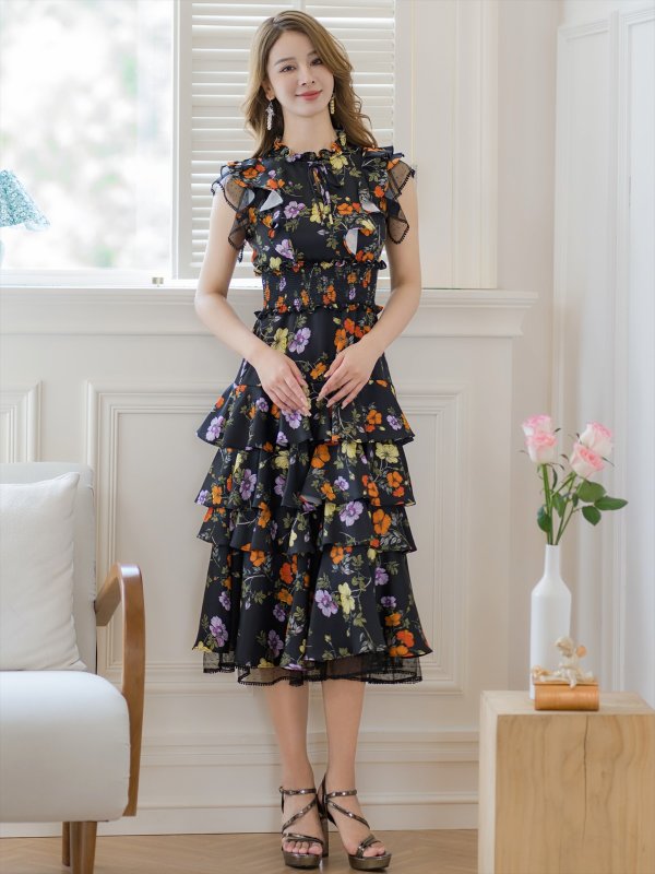 画像17: [送料無料][SETTAN]ブラック×レッド・ネイビー×イエロー・ブラック×オレンジ・ティアード・フリル・プチハイネック・ミディアムドレス・ワンピース[即日発送][大きいサイズあり] (17)