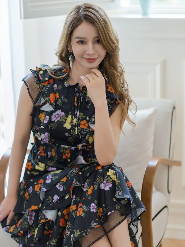 画像18: [送料無料][SETTAN]ブラック×レッド・ネイビー×イエロー・ブラック×オレンジ・ティアード・フリル・プチハイネック・ミディアムドレス・ワンピース[即日発送][大きいサイズあり] (18)