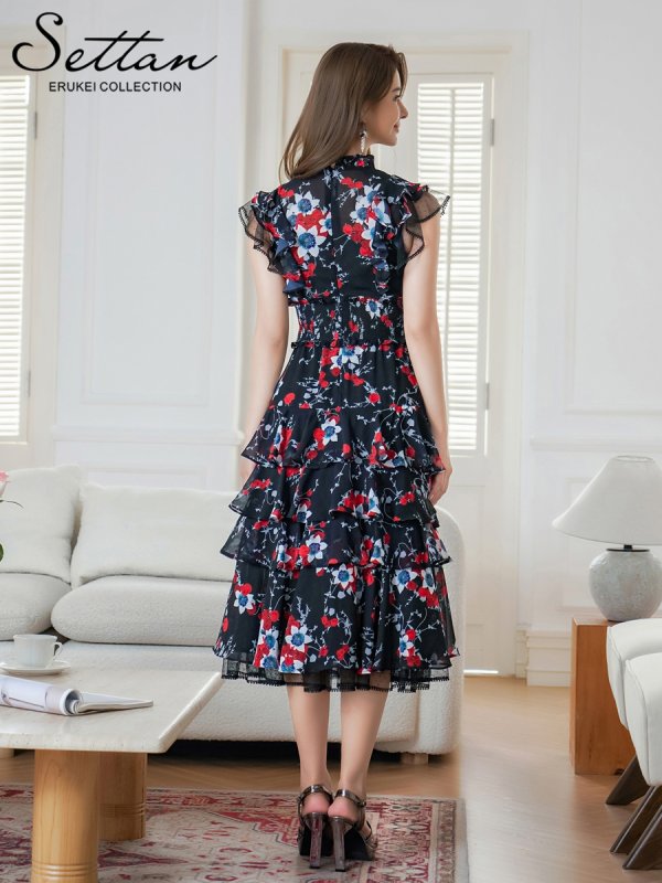 画像3: [送料無料][SETTAN]ブラック×レッド・ネイビー×イエロー・ブラック×オレンジ・ティアード・フリル・プチハイネック・ミディアムドレス・ワンピース[即日発送][大きいサイズあり] (3)